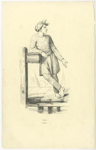 Malay People of Oceania, Antique Wahlen Costume Print, 1843-1844, view 2