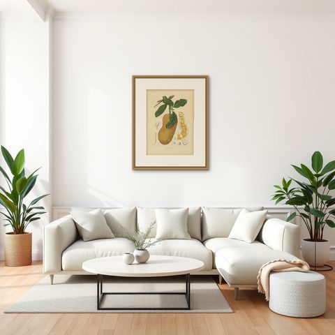 Original Antique Jackfruit Botanical Chromolithograph by Hoola van Nooten, 1880, shown framed in a room, true to size