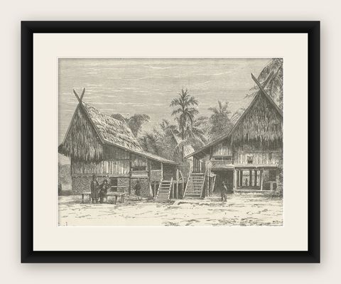 Old Print of Surulangun Village in North Musi Rawas, South Sumatra, Indonesia, shown framed