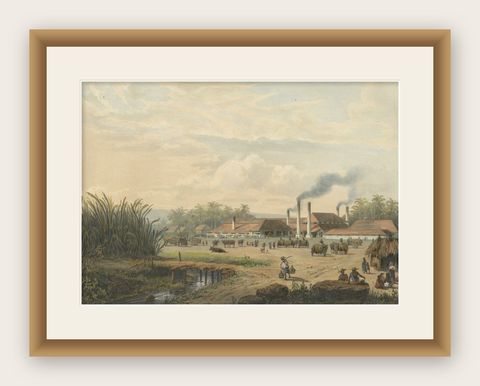 Original Chromolithograph of a Sugar Factory in Java, Indonesia, 1872, shown framed