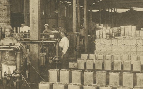 Petroleum Tin Factory & Filling Operations, Photogravure, Sumatra ca.1900, close-up 2