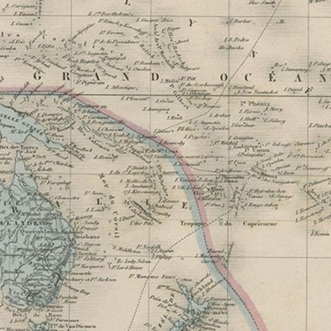Old Map of the Oceans Around Australia, Indonesia and New Zealand, 1880, close-up 3
