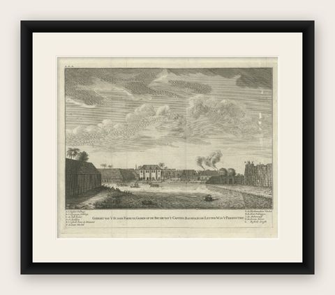 Antique Print of the Sugar Warehouse of Batavia (Jakarta), Indonesia, 1726, shown framed