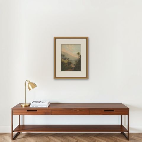 Mountain Road to the Salak Valley, Java, Colonial Landscape Lithograph, 1872, shown framed on a wall, true to size