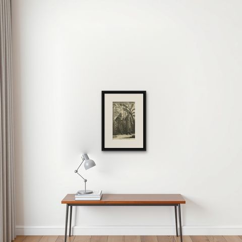 Old Print of A Pedler in Indonesia with Wife and Children, 1744, shown framed on a wall, true to size