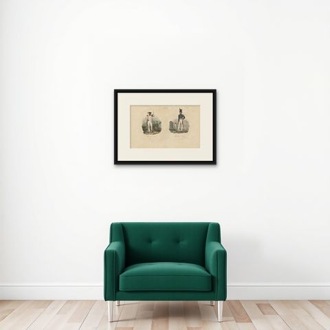 Antique Print of an Amboine Soldier and Officer, circa 1833, shown framed on a wall, true to size
