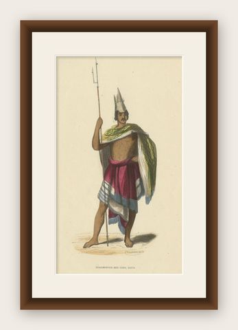 Antique Print of a Warrior from Roti or Rotti Island in East Indonesia, ca.1845, shown framed