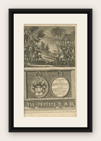 Antique Print of Dutch Colonists Fighting Indonesian Natives, circa 1726, shown framed