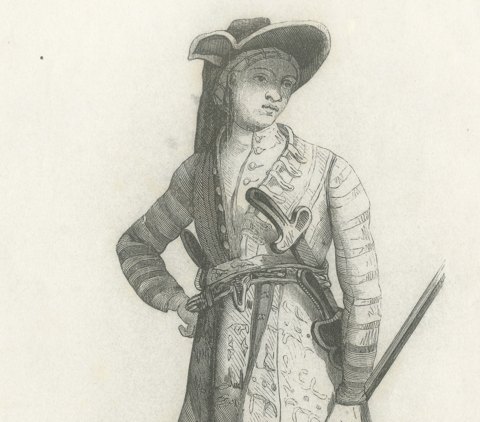 Javanese Man in War Dress, Antique Wahlen Costume Print, 1843-1844, close-up 1