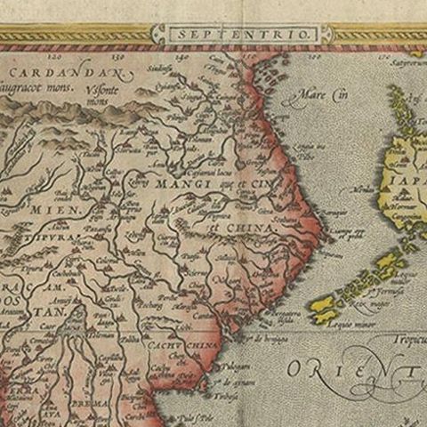 Antique Ortelius Map of Asia Featuring Japan, China, Taiwan & East Indies, 1587, close-up 1
