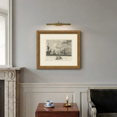 Old Print of VOC Ships in the Sea Near Batavia (Jakarta, Indonesia), 1779, shown framed on a wall, true to size