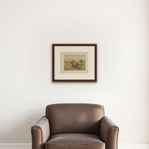 Antique Print of native 'koelies' or carriers on Java by M.T.H. Perelaer (1888), shown framed on a wall, true to size
