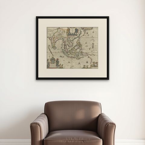 Original Blaeu Map of Southeast Asia from India to Tibet and Japan to New Guinea, shown framed on a wall, true to size