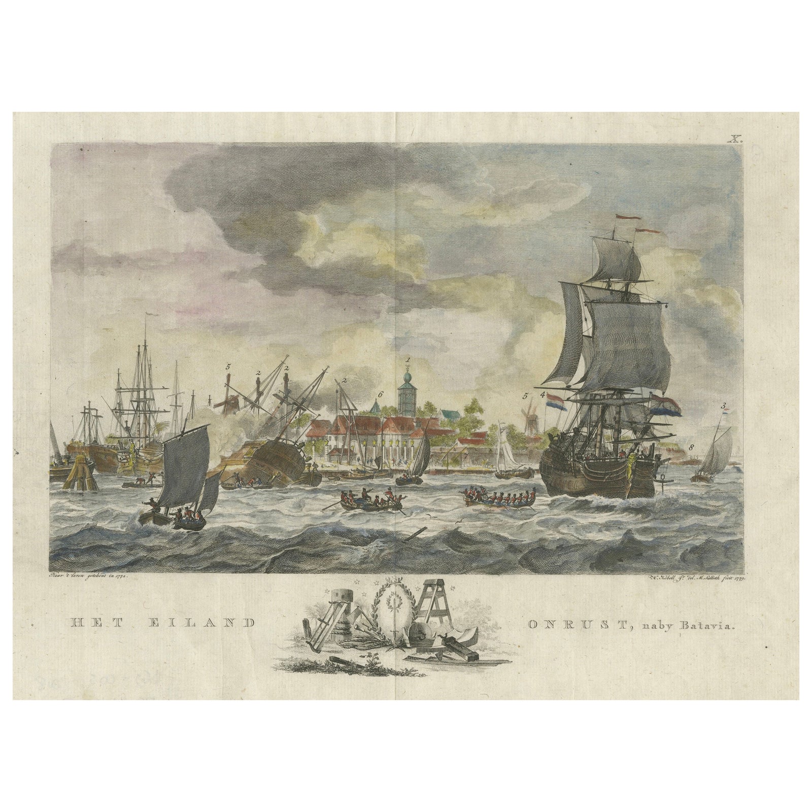 1779 View of Onrust Island Near Batavia with VOC Shipyard Activity