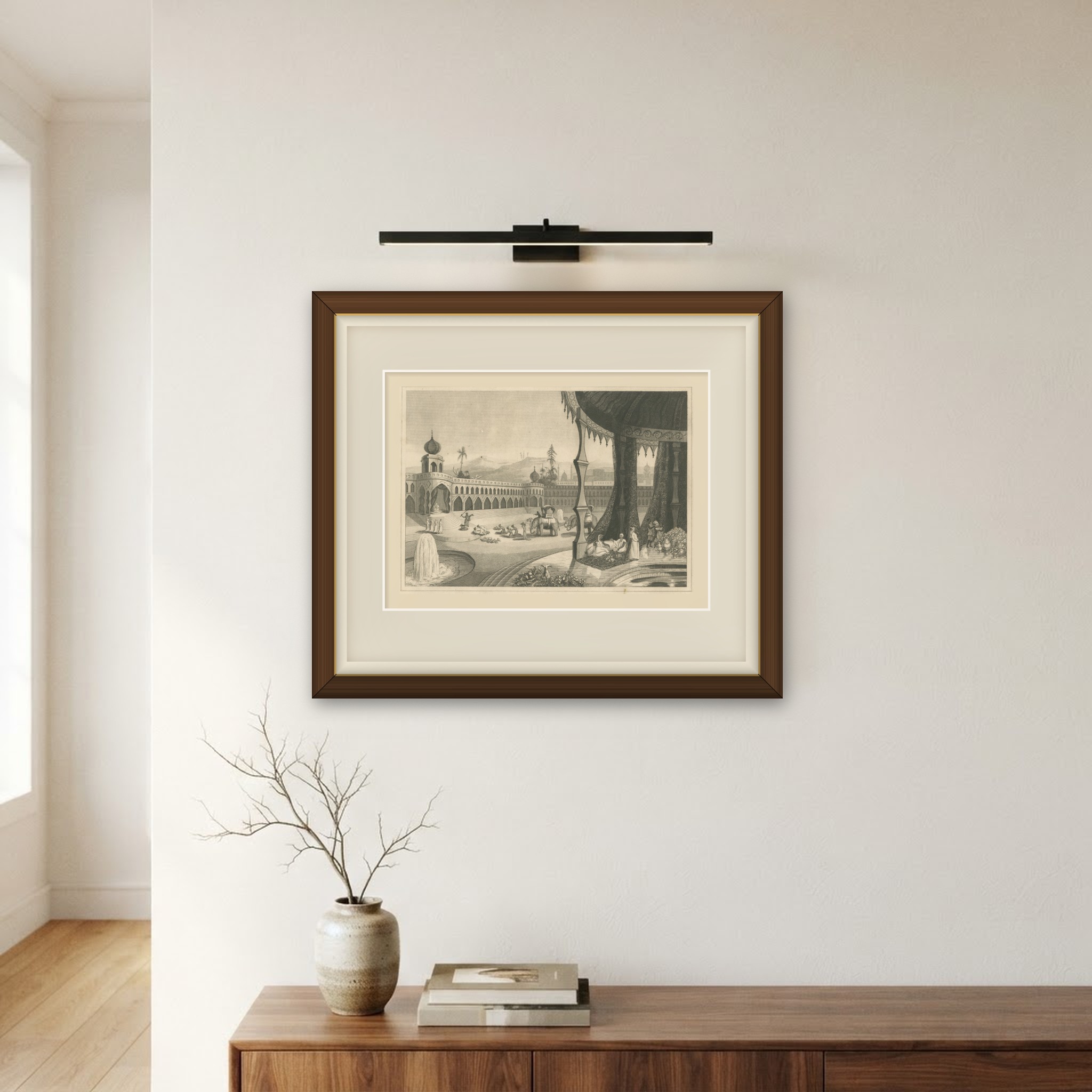 Scene in the East Indies, Offerings to the Great Brahma, Engraving, circa 1820, shown framed on a wall, true to size