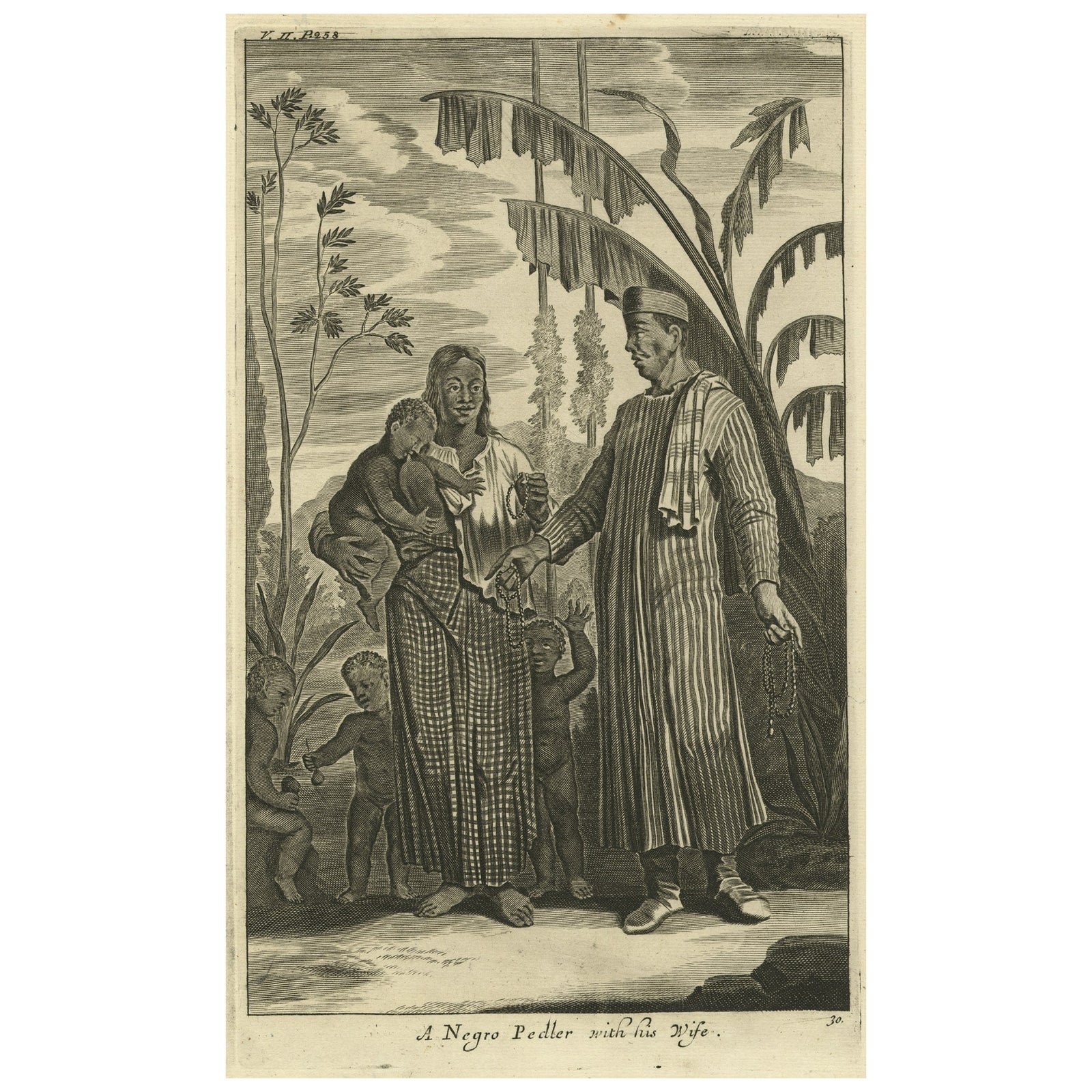 Old Print of A Pedler in Indonesia with Wife and Children, 1744