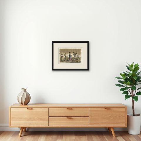 Antique Old Hand Colored Print of Javanese in Indonesia, 1827, shown framed on a wall, true to size