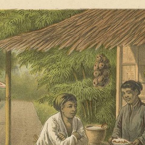 Antique Print of a Warung with Native People by M.T.H. Perelaer, 1888, close-up 1