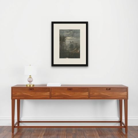 Moonlit Landscape near Sumedang, West Java, Rare Java Lithograph, 1872, shown framed on a wall, true to size
