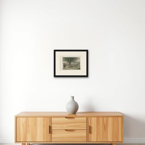 Antique Print of a Construction Site on Timor Island by Ferrario '1831', shown framed on a wall, true to size
