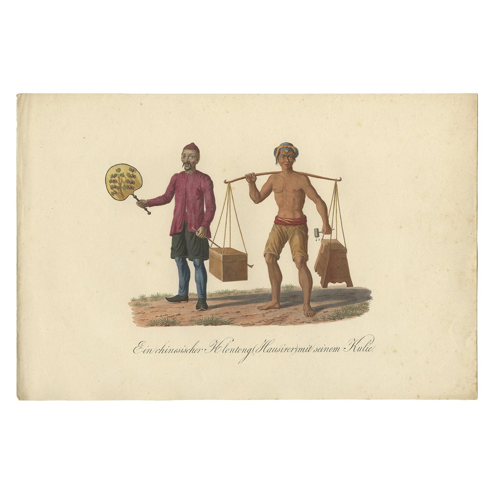 Original Print of a Chinese Peddler and His Day Laborer in Indonesia, ca 1830