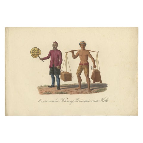Original Print of a Chinese Peddler and His Day Laborer in Indonesia, ca 1830