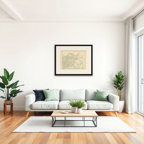 Antique Map of West Kalimantan (Schwaner Mountains), Borneo, Indonesia, 1900, shown framed in a room, true to size