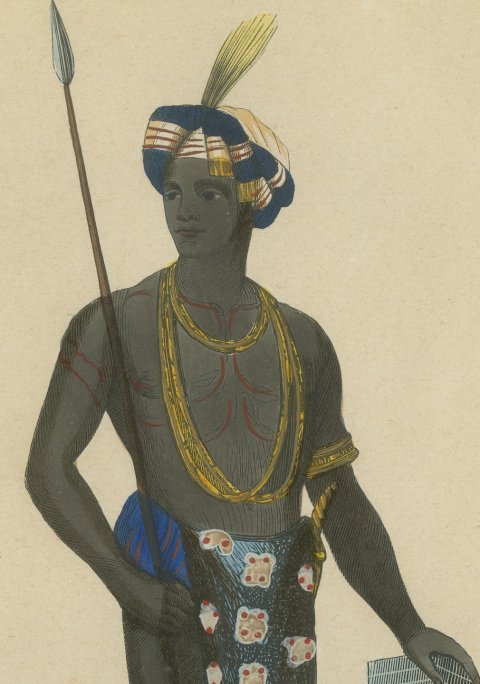 Alfur Man of Tondano, Celebes, Antique Hand-Colored Ethnographic Print, 1854, close-up 1