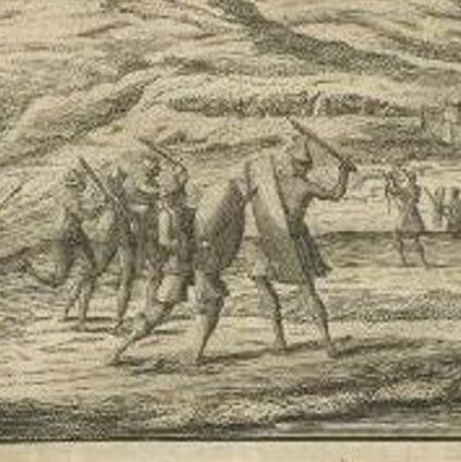 Antique Print of a Battle Scene at the Moluccas, Indonesia, 1726, close-up 1