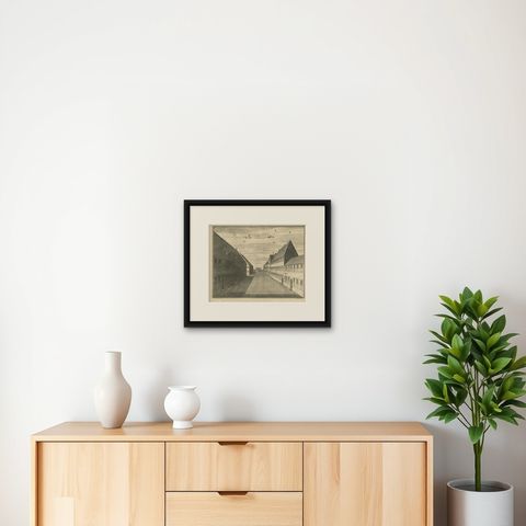 Antique Print of the First Square of the Castle of Batavia by Valentijn, '1726', shown framed on a wall, true to size