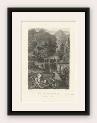 Antique Print of a Bridge over a Ravine in New Guinea, shown framed