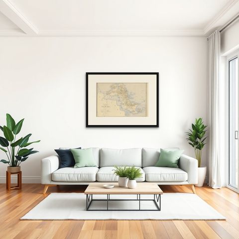 Antique Map of Bangka Island, Indonesia, 1885, shown framed in a room, true to size