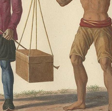 Original Print of a Chinese Peddler and His Day Laborer in Indonesia, ca 1830, close-up 1