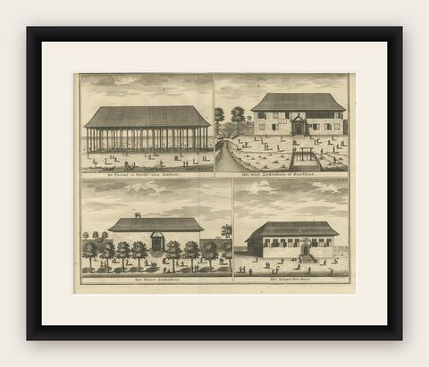 Antique Print with Four Views of Ambon ii by Valentijn, 1726, shown framed