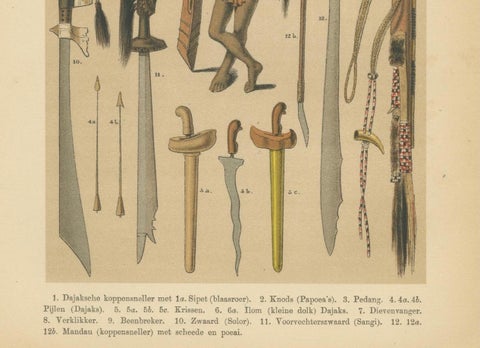 Antique Print, Javanese & Dayak Weapons, Spears, Kris & Ceremonial Arms, 1860, close-up 2