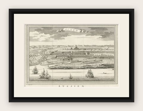 Decorative Original Antique Panoramic View of Atjeh on Sumatra, Indonesia, 1756, shown framed
