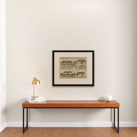 Antique Print with Four Views of Ambon ii by Valentijn, 1726, shown framed on a wall, true to size
