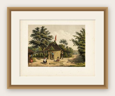 Antique Print of Kampong Djambattan, Java in Indonesia, 1888, shown framed