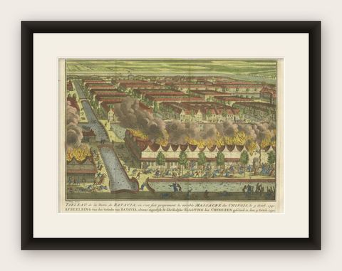 Antique Print of the Batavia Massacre 'Present-Day Jakarta', Indonesia, ca.1740, shown framed