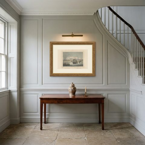 Old Print of Ships near Anyer & Krakatoa in the Sunda Straits, Indonesia, 1844, shown framed in a room, true to size