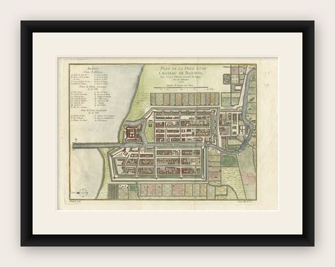Hand-Colored 1750 Plan of Batavia, Colonial Jakarta, Indonesia by Jacques Bellin, shown framed