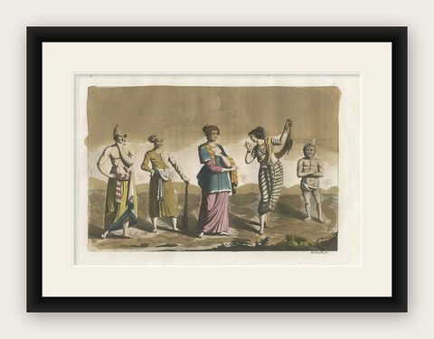 Antique Old Hand Colored Print of Javanese in Indonesia, 1827, shown framed