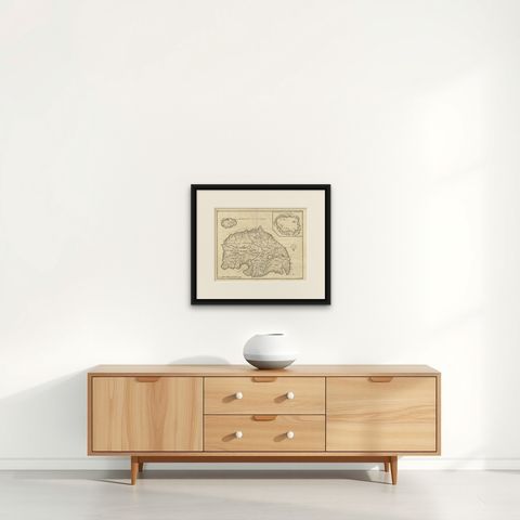 Antique Map of Boero in Indonesia by Valentijn, 1726, shown framed on a wall, true to size