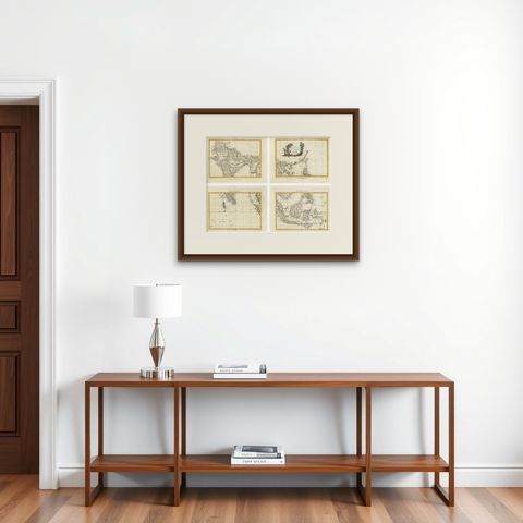Antique Map Set East Indies, India, Indochina, Indonesia, Zatta 1784, shown framed on a wall, true to size