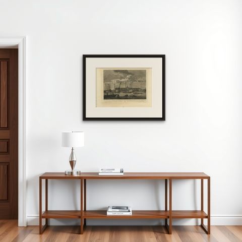 Antique Print of the 'Oostindisch-Zeemagazyn' in Amsterdam by H.P. Schouten, shown framed on a wall, true to size