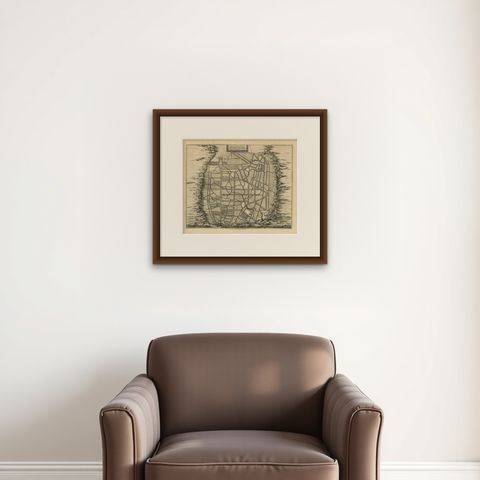 Antique Map of the City of Materan 'Indonesia' by P. van der Aa, circa 1725, shown framed on a wall, true to size