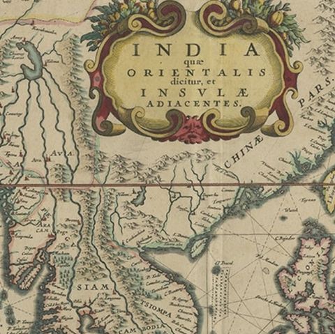 Original Antique Hand-Colored Map of The East Indies and Southeast Asia, c.1644, close-up 1