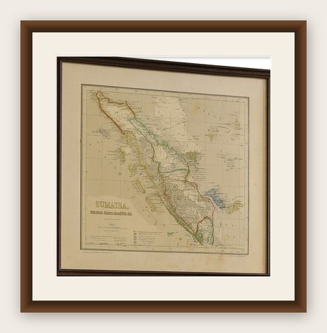 Antique Map of Sumatra, Bangka Belitung and Riau in the Dutch East Indies, 1884, shown framed