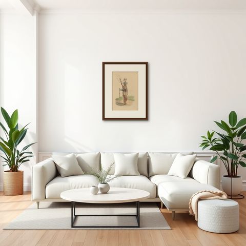 Antique Print with a Native of Timor ‘Indonesia’ by Temminck, circa 1840, shown framed in a room, true to size