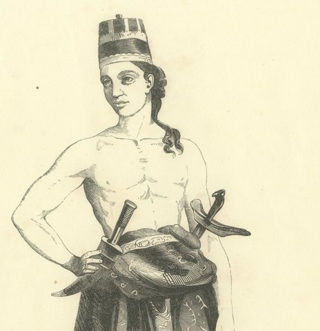 Javanese Man in Court Dress, Antique Wahlen Costume Print, 1843-1844, close-up 1
